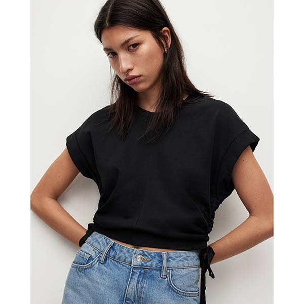 Allsaints Australia Womens Mira Cropped Drawcord T-Shirt Black AU63-192